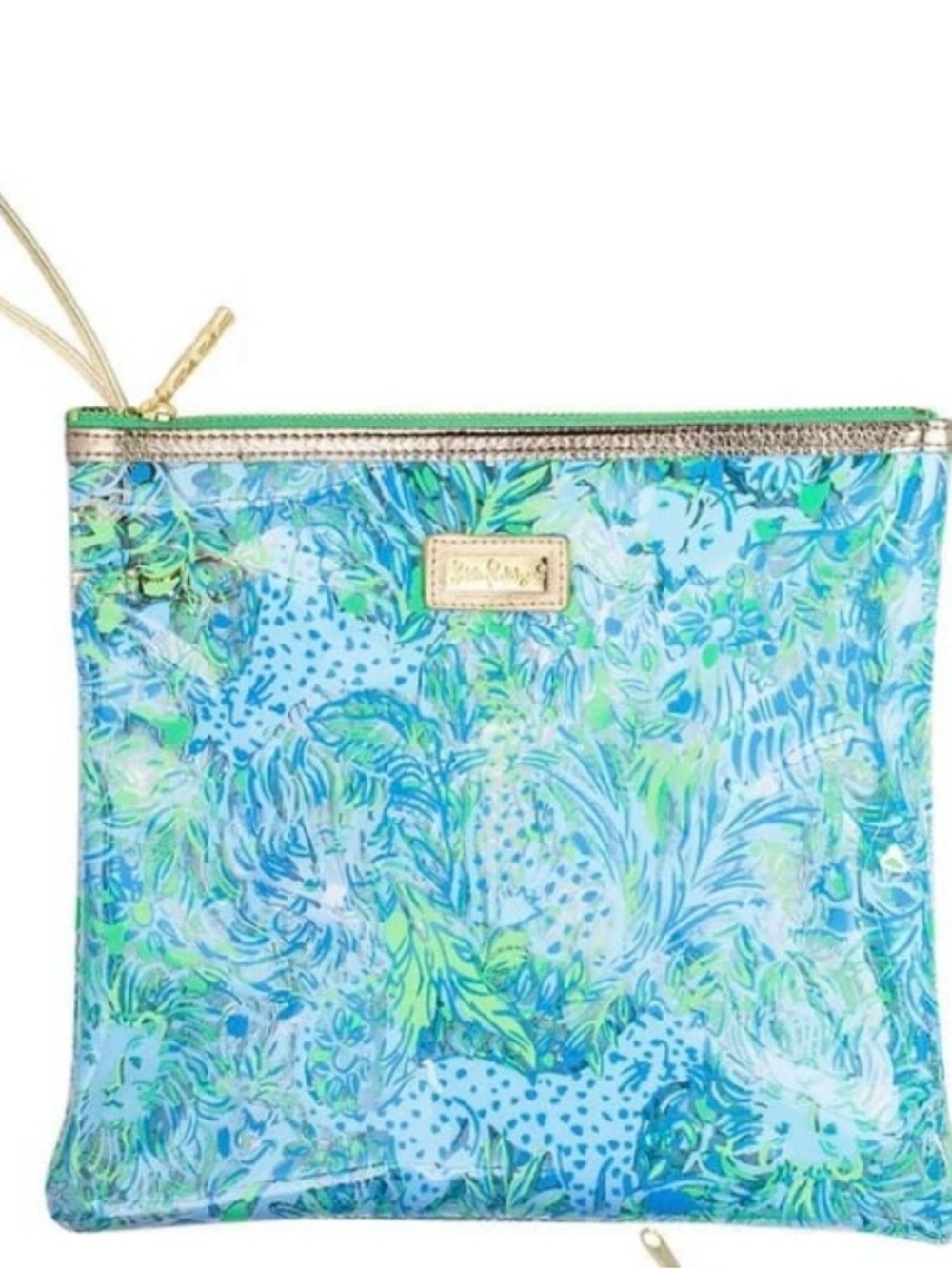 Lilly Pulitzer Blue and Green Vinyl Zip Cosmetic Pouch with Gold Accent